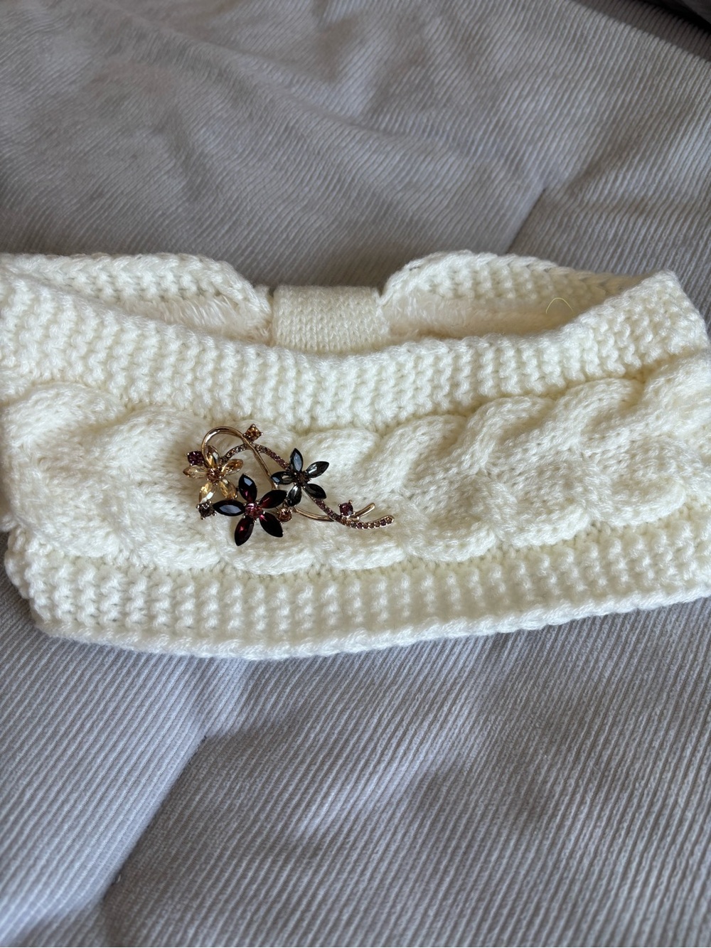 Ivory Knit Headband with Decorative Floral Brooch